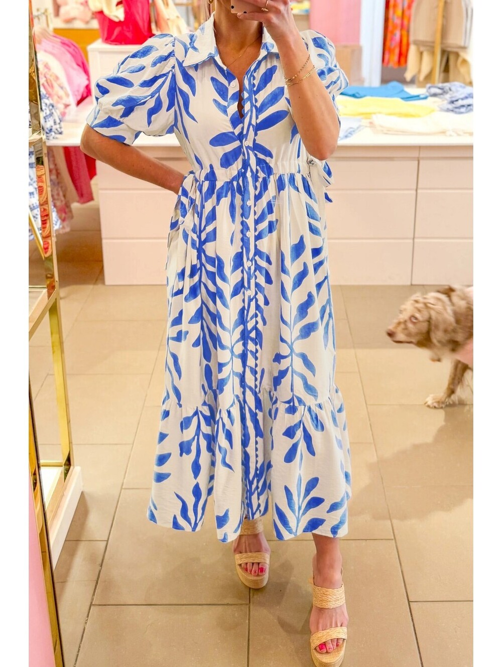 Blue and White Leaf Print Midi Dress with Puff Sleeves and Scalloped Collar - Picture 5 of 5